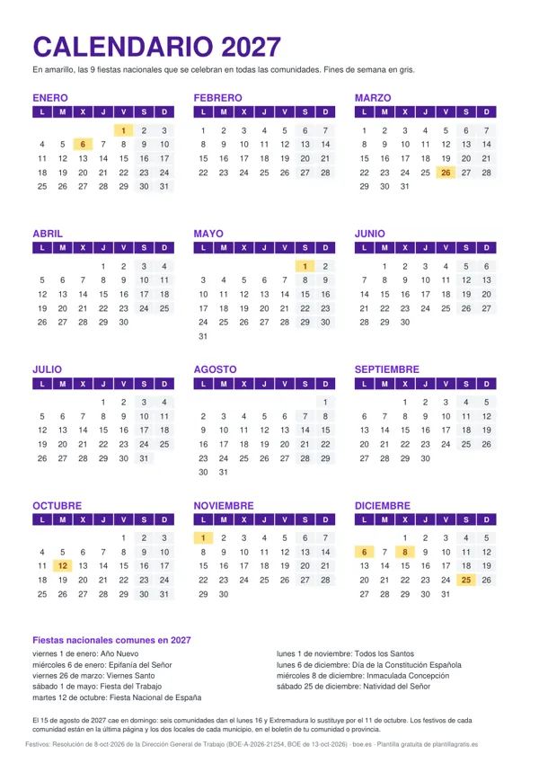 Vista previa del calendario 2027 anual con los festivos nacionales marcados en amarillo