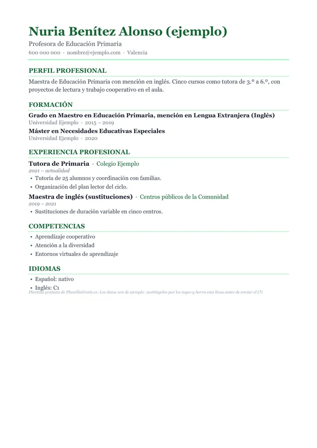 Vista previa de la plantilla de CV Docente
