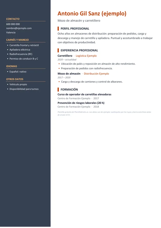 Vista previa de la plantilla de CV Oficios y logística